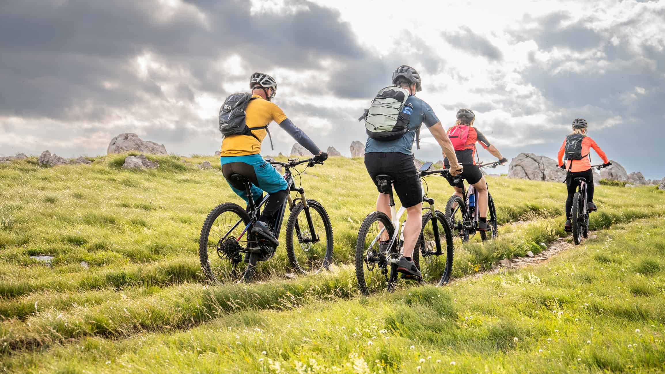 Rear view of mature couples riding electric bicycles on grassy mountain trail against cloudy sky.