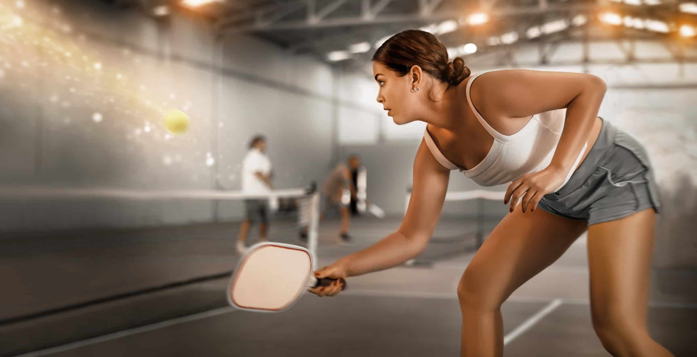 Young active woman bouncing ball in pickleball game on court with racket